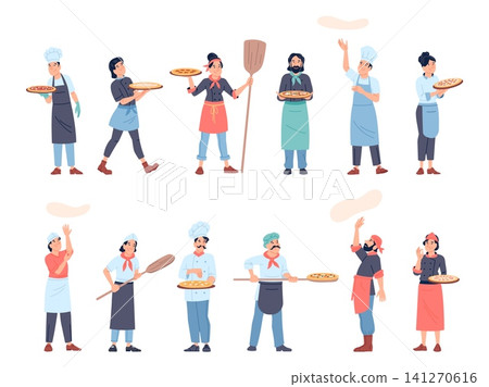Pizza chef characters. Professional pizzeria chefs making dough and blanks. Tasty pizza, italian style food with cheese and sausages, recent vector set Pizza chef characters. Professional pizzeria chefs making dough and blanks. Tasty pizza, italian style food with cheese and sausages, recent vector set 141270616