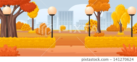 Seasonal autumn park with yellow and orange tree. City garden with bushes, plants, leaves. Beautiful nature area in urban center, vector illustration Seasonal autumn park with yellow and orange tree. City garden with bushes, plants, leaves. Beautiful nature area in urban center, vector illustration 141270624