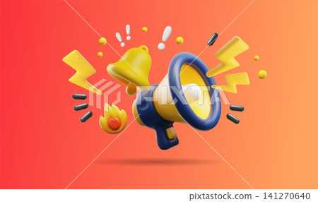 A 3D poster featuring a yellow megaphone with a bell, lightning bolts, and exclamation marks. A 3D poster featuring a yellow megaphone with a bell, lightning bolts, and exclamation marks. 141270640