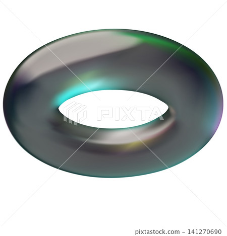 A glass geometric figure, a torus, with a metallic iridescent, glossy surface. A glass geometric figure, a torus, with a metallic iridescent, glossy surface. 141270690