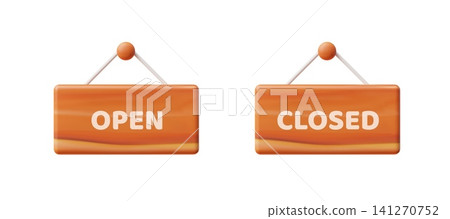 Old wood signboard Open and Closed hanging rope wooden blanks 3D cartoon style vector set, realistic old timber texture 141270752