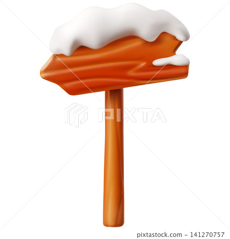 Wooden arrow pointer with snowdrift realistic 3D cartoon vector, winter signpost, direction signboard old timber texture Wooden arrow pointer with snowdrift realistic 3D cartoon vector, winter signpost, direction signboard old timber texture 141270757