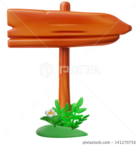 Wooden arrow pointer and grass realistic 3D cartoon, vector direction signboard old timber texture, rustic wood signpost Wooden arrow pointer and grass realistic 3D cartoon, vector direction signboard old timber texture, rustic wood signpost 141270758