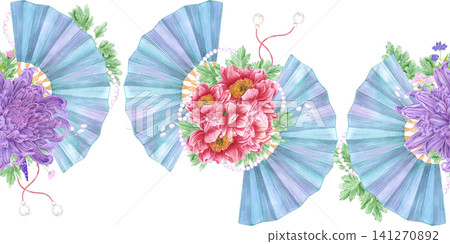 Hand drawn watercolor blue paper Asian fan with peony flowers seamless border pattern. Illustration isolated on white background. Can be used for textile, fabric, wrapping and other printed products Hand drawn watercolor blue paper Asian fan with peony flowers seamless border pattern. Illustration isolated on white background. Can be used for textile, fabric, wrapping and other printed products 141270892