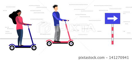 Business Professionals Riding Electric Scooters Towards a Direction Arrow - vector illustration Business Professionals Riding Electric Scooters Towards a Direction Arrow - vector illustration 141270941