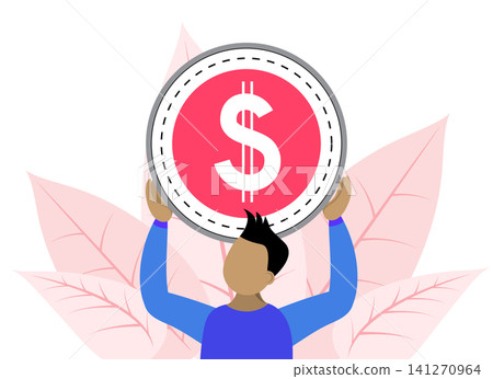 Man Raising and Holding Huge Golden US Dollar Coin - vector illustration 141270964
