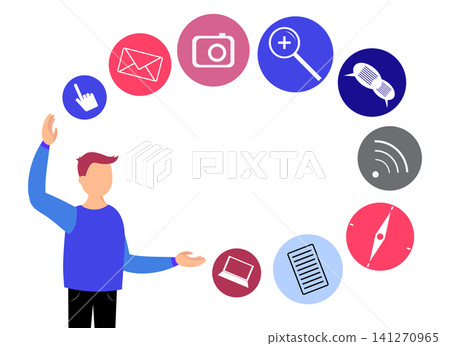 User Interacting with Multi Channel Communication and Social Media Icons - vector illustration User Interacting with Multi Channel Communication and Social Media Icons - vector illustration 141270965
