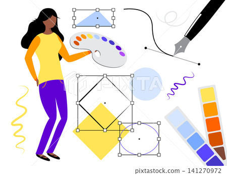 Graphic Designer Working with Color Palette and Vector Geometry Tools - vector illustration Graphic Designer Working with Color Palette and Vector Geometry Tools - vector illustration 141270972