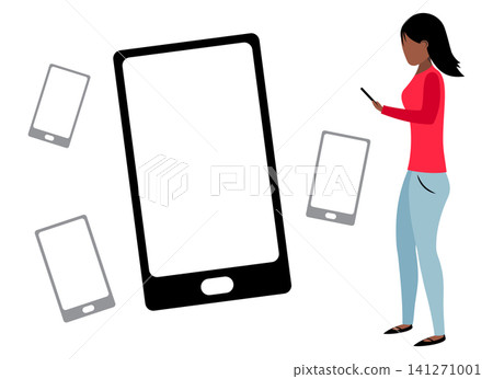 Woman Interacting with Multiple Floating Blank Smartphone Screens - vector illustration Woman Interacting with Multiple Floating Blank Smartphone Screens - vector illustration 141271001