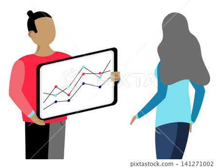 Colleagues Reviewing and Analyzing Complex Line Graph on Tablet - vector illustration Colleagues Reviewing and Analyzing Complex Line Graph on Tablet - vector illustration 141271002
