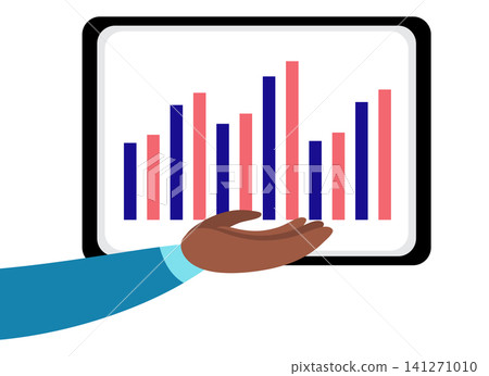 Hand Holding Tablet Presenting Colorful Vertical Corporate Bar Chart - vector illustration Hand Holding Tablet Presenting Colorful Vertical Corporate Bar Chart - vector illustration 141271010