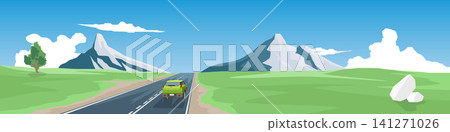 Horizontal vector illustration depicting a SUV car driving on asphalt road. Journey through green meadows with distant mountains and a bright blue sky. Travel allow to nature for banner. Horizontal vector illustration depicting a SUV car driving on asphalt road. Journey through green meadows with distant mountains and a bright blue sky. Travel allow to nature for banner. 141271026