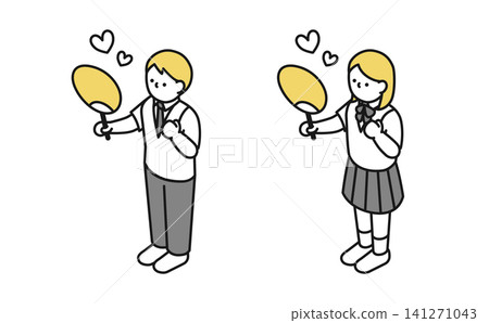 Isometric illustration: High school boys and girls (in summer clothes) cheering with fans. Isometric illustration: High school boys and girls (in summer clothes) cheering with fans. 141271043