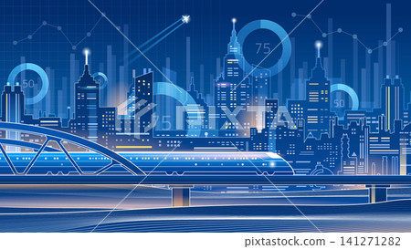 A futuristic night cityscape with a high-speed train on a bridge, featuring glowing skyscrapers, financial data graphs, charts, and a flying airplane in a digital blueprint style. A futuristic night cityscape with a high-speed train on a bridge, featuring glowing skyscrapers, financial data graphs, charts, and a flying airplane in a digital blueprint style. 141271282
