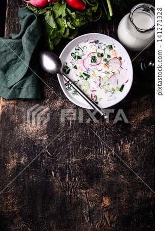 Okroshka, traditional summer cold soup Okroshka, traditional summer cold soup 141271328