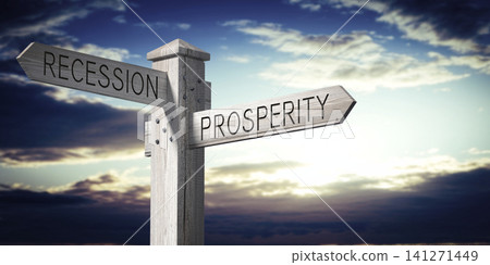 Prosperity or Recession - Wooden Signpost with Two Arrows Prosperity or Recession - Wooden Signpost with Two Arrows 141271449