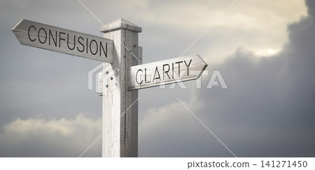 Confusion vs Clarity - Wooden Signpost with Two Arrows 141271450