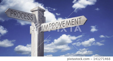 Process Improvement - Wooden Signpost with Two Arrows Process Improvement - Wooden Signpost with Two Arrows 141271468