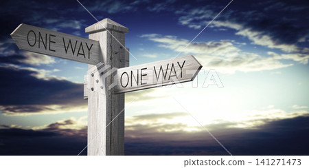 One Way - Wooden Signpost with Two Arrows 141271473