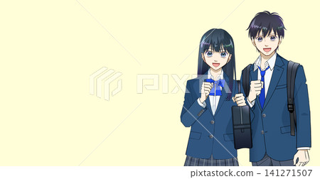 動漫風格的高中或國中男生女生插圖,背景為簡單的彩色。 動漫風格的高中或國中男生女生插圖,背景為簡單的彩色。 141271507