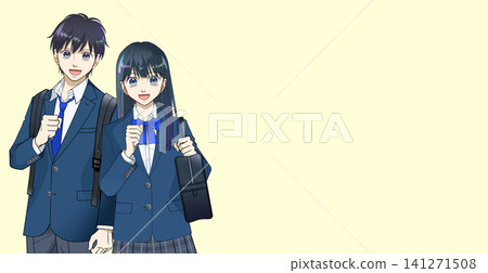 動漫風格的高中或國中男生女生插圖,背景為簡單的彩色。 動漫風格的高中或國中男生女生插圖,背景為簡單的彩色。 141271508