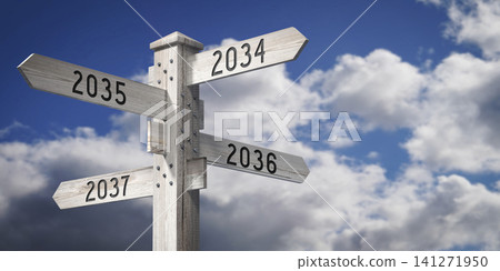 2034, 2035, 2036, 2037 - wooden signpost with four arrows - 3D rendering 2034, 2035, 2036, 2037 - wooden signpost with four arrows - 3D rendering 141271950