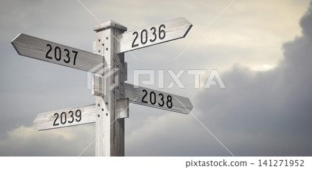 2036, 2037, 2038, 2039 - wooden signpost with four arrows - 3D rendering 141271952