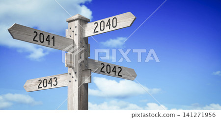 2040, 2041, 2042, 2043 - wooden signpost with four arrows - 3D rendering 2040, 2041, 2042, 2043 - wooden signpost with four arrows - 3D rendering 141271956