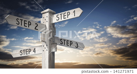 Step 1, 2, 3 and 4 - wooden signpost with four arrows - 3D rendering Step 1, 2, 3 and 4 - wooden signpost with four arrows - 3D rendering 141271971