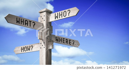 Who, What, Where, How - wooden signpost with four arrows - 3D rendering 141271972