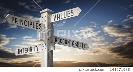Values, Principles, Accountability, Integrity - wooden signpost with four arrows - 3D rendering Values, Principles, Accountability, Integrity - wooden signpost with four arrows - 3D rendering 141271988