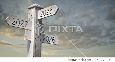 2027, 2028, 2026 - Wooden Signpost with Three Arrows - 3D illustration 2027, 2028, 2026 - Wooden Signpost with Three Arrows - 3D illustration 141272050