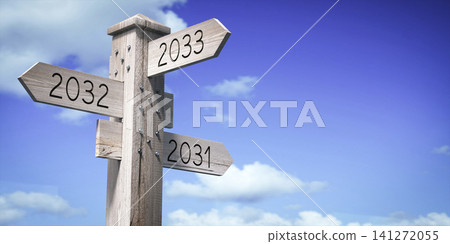 2032, 2033, 2031 - Wooden Signpost with Three Arrows - 3D illustration 2032, 2033, 2031 - Wooden Signpost with Three Arrows - 3D illustration 141272055