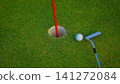 Golf balls on a green lawn in a beautiful golf course with morning sunshine. 141272084