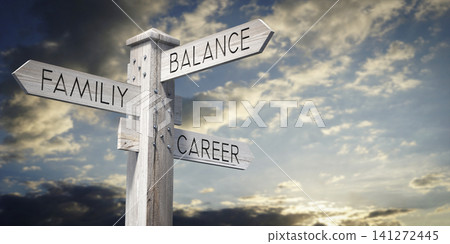 Family, Balance, Career - Wooden Signpost with Three Arrows - 3D illustration Family, Balance, Career - Wooden Signpost with Three Arrows - 3D illustration 141272445