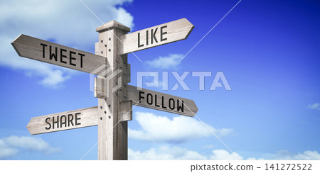 Like, Tweet, Follow, Share - wooden signpost with four arrows - 3D rendering 141272522