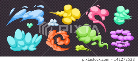 Cartoon colorful smoke. Magic smog trail cloud puff dust car speed colored tire flame splash action shape effect comic bubble disappear smog dust qualitative vector illustration Cartoon colorful smoke. Magic smog trail cloud puff dust car speed colored tire flame splash action shape effect comic bubble disappear smog dust qualitative vector illustration 141272528