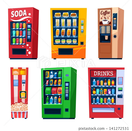 Vending machines. Automatic snack dispenser, vendor food retro machines 90s snacks coffee drink candy soda water beverage juice sandwich bar cartoon qualitative vector illustration Vending machines. Automatic snack dispenser, vendor food retro machines 90s snacks coffee drink candy soda water beverage juice sandwich bar cartoon qualitative vector illustration 141272531