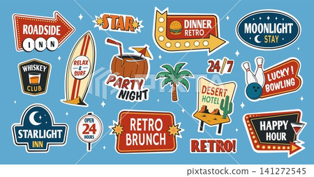 Motel retro stickers. Vintage sign sticker, summer 50s vintage signboards style diner bar desert road billboards surf beach party travel 80s cartoon qualitative vector illustration Motel retro stickers. Vintage sign sticker, summer 50s vintage signboards style diner bar desert road billboards surf beach party travel 80s cartoon qualitative vector illustration 141272545