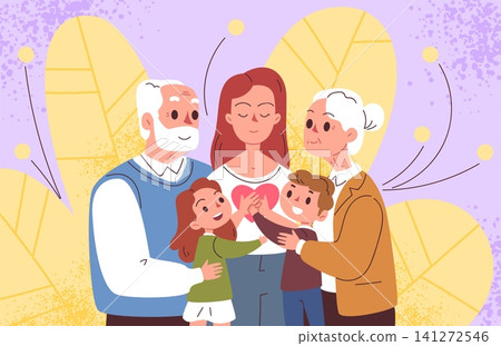 Family support concept. Single mother care, old parent hug adult daughter love help mom kid together generation relationship trust reconciliation accept classy vector illustration Family support concept. Single mother care, old parent hug adult daughter love help mom kid together generation relationship trust reconciliation accept classy vector illustration 141272546