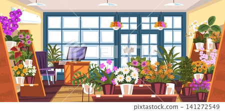 Flowers shop interior. Flower store, florist planter workplace floral market plants in pot on shelf inside empty room flowerpot bouquet boutique, cartoon classy vector illustration Flowers shop interior. Flower store, florist planter workplace floral market plants in pot on shelf inside empty room flowerpot bouquet boutique, cartoon classy vector illustration 141272549