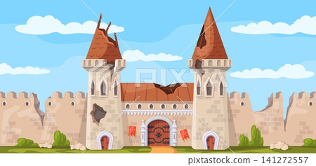 Broken castle. Fortress battlefield ruin, stone wall old brick building ancient arch door gate abandoned kingdom town fort open entrance cartoon background neat vector illustration Broken castle. Fortress battlefield ruin, stone wall old brick building ancient arch door gate abandoned kingdom town fort open entrance cartoon background neat vector illustration 141272557