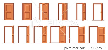 Opened door animation. Open close wooden doors sequence frame, 2d 3d game apartment ajar house wood entrance room interior office exit cartoon isolated neat vector illustration Opened door animation. Open close wooden doors sequence frame, 2d 3d game apartment ajar house wood entrance room interior office exit cartoon isolated neat vector illustration 141272560