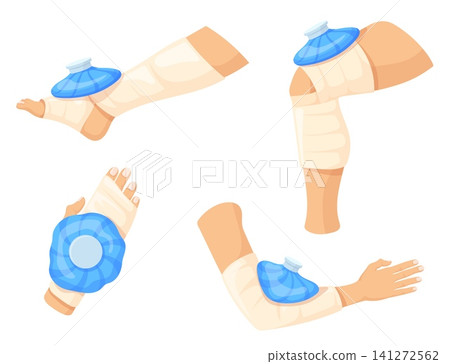Ice compress. Cold pack bag gel heal pain therapy, leg foot ankle sprain injury hand muscle heat bruise trauma applying first aid swollen broken bone toe neat vector illustration Ice compress. Cold pack bag gel heal pain therapy, leg foot ankle sprain injury hand muscle heat bruise trauma applying first aid swollen broken bone toe neat vector illustration 141272562