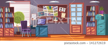 Detective office. Investigator cabinet cartoon interior, police inspector room department station detective agency sleuth bureau work desk crime board, classy vector illustration 141272619