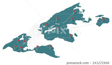 Modern isometric world map vector illustration depicting global networks, shipping logistics, and business connections with red flag pins and dashed lines on a white background. Modern isometric world map vector illustration depicting global networks, shipping logistics, and business connections with red flag pins and dashed lines on a white background. 141272840