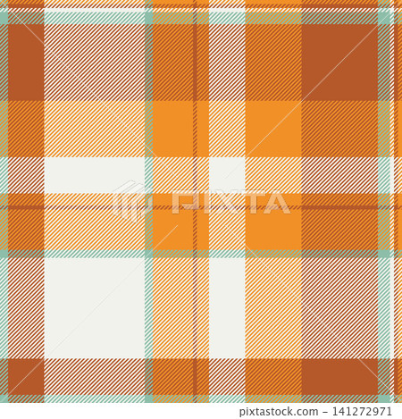 Ornament texture background vector, pixel plaid seamless pattern. Twill textile check tartan fabric in orange and white colors. Ornament texture background vector, pixel plaid seamless pattern. Twill textile check tartan fabric in orange and white colors. 141272971