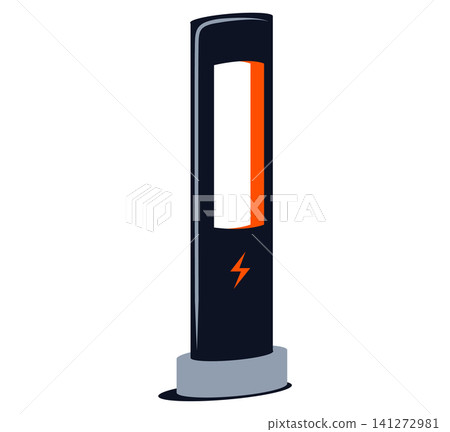 Modern electric vehicle charging station vector icon. Clean minimalist design featuring a sleek black column with a bright display and orange lightning bolt. Perfect for green energy concepts. Modern electric vehicle charging station vector icon. Clean minimalist design featuring a sleek black column with a bright display and orange lightning bolt. Perfect for green energy concepts. 141272981