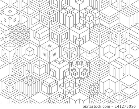 Seamless isometric geometric pattern featuring abstract 3D line cubes and modular blocks. Perfect for minimal tech backgrounds, modern architectural designs, and web graphics. Seamless isometric geometric pattern featuring abstract 3D line cubes and modular blocks. Perfect for minimal tech backgrounds, modern architectural designs, and web graphics. 141273056
