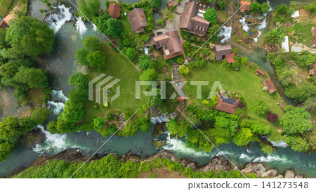 Rastoke Slunj Aerial View Waterfalls Historic Mill Village Croatia Rastoke Slunj Aerial View Waterfalls Historic Mill Village Croatia 141273548